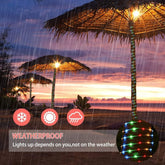 Decorative light bulb with colorful LED lights under a thatched umbrella during rain.